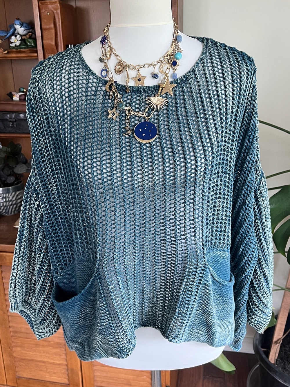 Tempo Paris Open-Knit Pocket Sweater - Teal Green Wash S/M